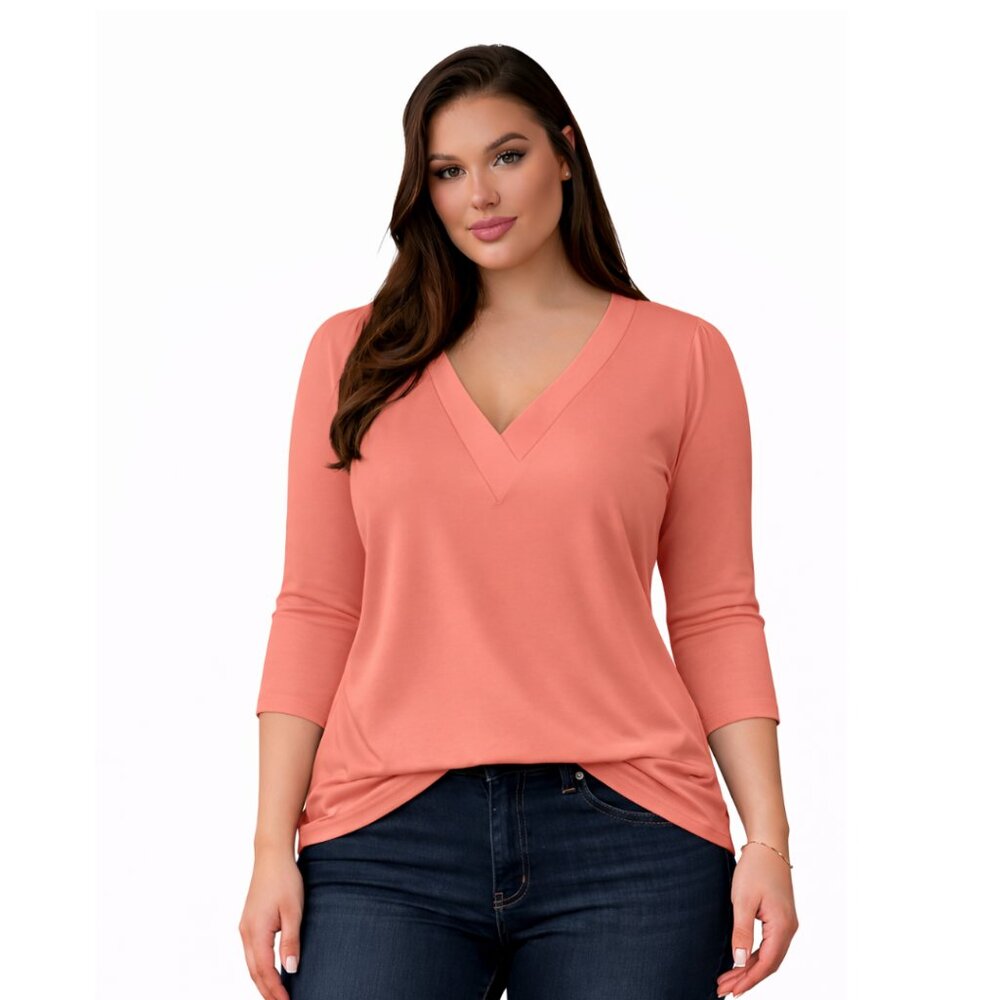 Women’s 3/4 Sleeve V Neck Tops Loose Fit T Shirt, CORAL, Size LARGE